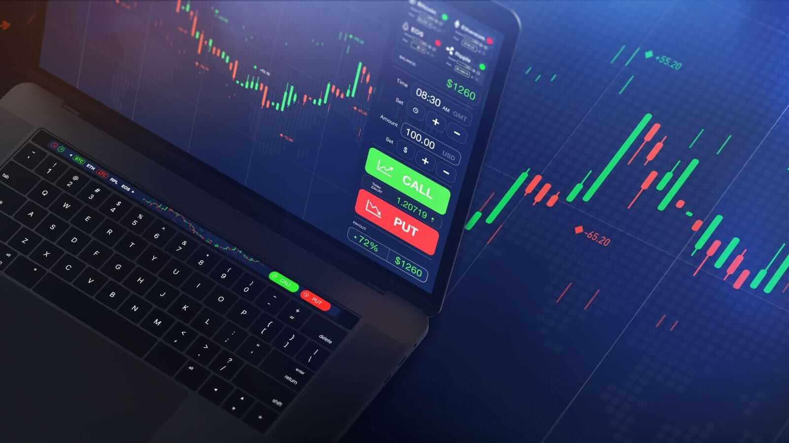 Futuristic stock exchange scene with laptop, chart, numbers and CALL and PUT options by Open Studi0 via Shutterstock